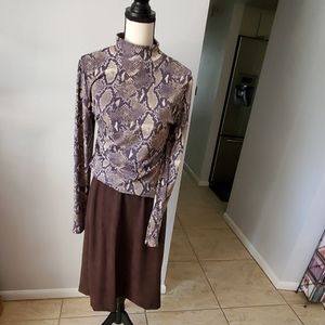 Suede like brown skirt/mandarin collar, top
